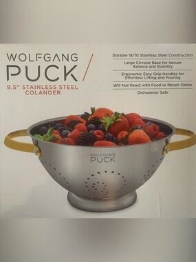 NEVER USED! Wolfgang Puck 9.5" Stainless Steel Colander with Gold Handles